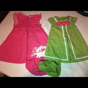 Gymboree polka dot pink/cat & green flower dresses